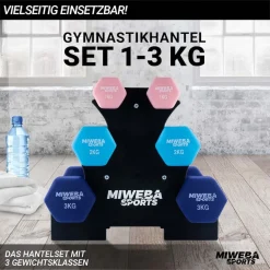 Miweba Sports Gymnastikhantel-Set NKH120, 1-3 kg, Neopren/Vinyl, Eisenkern, rutschfest, Hantelablage (Rosa, Türkis, Königsblau, Neopren)