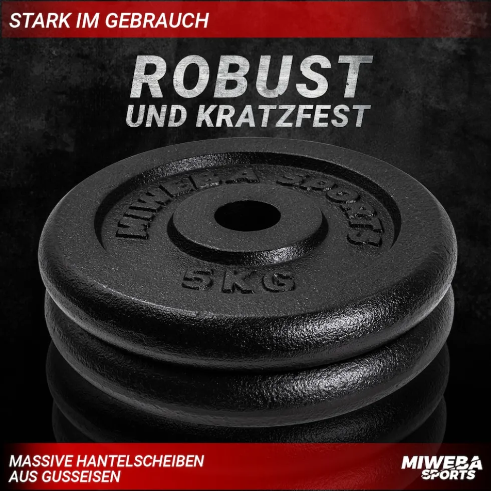 Miweba Sports Hantelscheiben HSG50, 2x 5 kg Hantel-Gewichte, passend für Ø 30mm, Set, Gusseisen