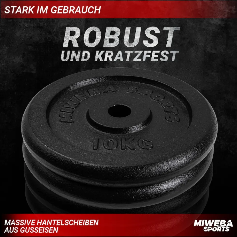 Miweba Sports Hantelscheiben HSG100, 2x 10 kg Hantel-Gewichte, passend für Ø 30mm, Set, Gusseisen