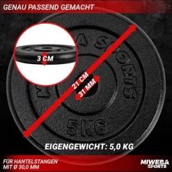 Miweba Sports Hantelscheiben HSG75, 4 x 5 kg Hantel-Gewichte, passend für Ø 30 mm, Set, Gusseisen