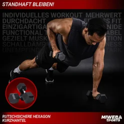 Miweba Sports Hexagon Kurzhanteln HGH100, Kurzhantel-Set, 2,5-15 kg, Gusseisen-Kern (Hantelpaar, 15 kg)