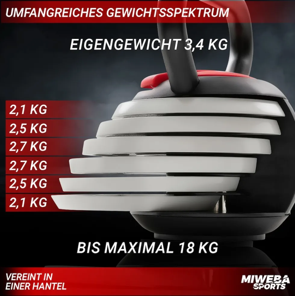 Miweba Sports Kettlebell KB300, verstellbar, 3,4-18 kg, 6 Gewichtscheiben, Easy-Lock-Mechanismus