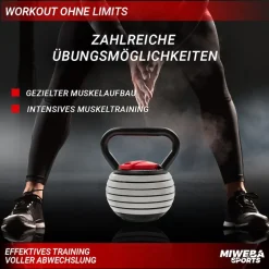 Miweba Sports Kettlebell KB300, verstellbar, 3,4-18 kg, 6 Gewichtscheiben, Easy-Lock-Mechanismus