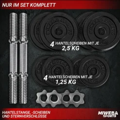 Miweba Sports Kurzhantel MKH110, 10 kg, Gewichte aus Gusseisen, Stahl-Hantelstange, Sternverschluss (Hantelpaar)