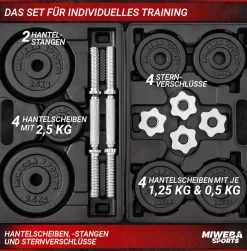 Miweba Sports Kurzhantel-Set MKH120, 20kg, Hantelkoffer, Gewichte aus Gusseisen, Stahl-Hantelstange (Mit Koffer)