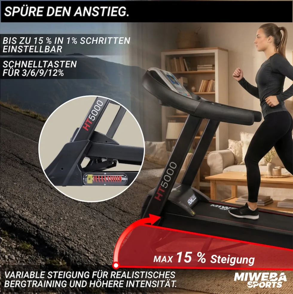 Miweba Sports Laufband Home Track HT5000, mit Steigung, 2600 Watt, große Lauffläche, 1-18 km/h (Schwarz)
