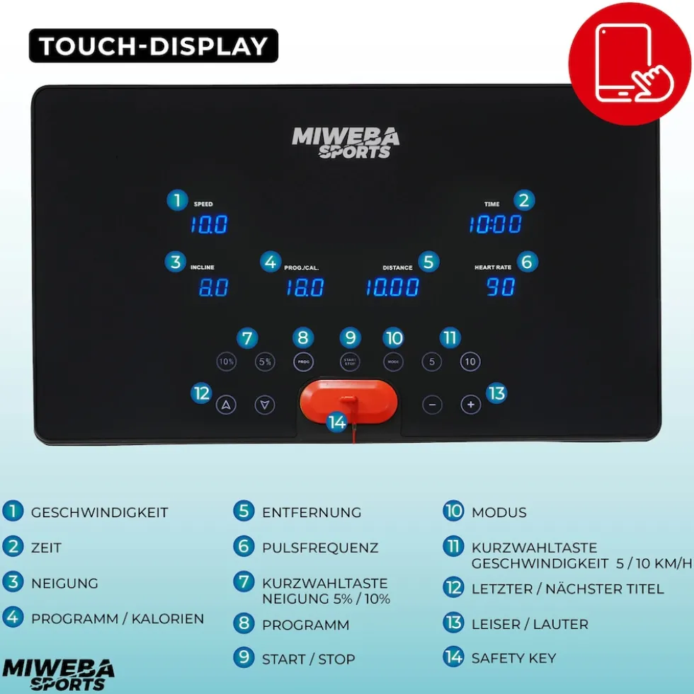 Miweba Sports Laufband Home Track HT3000, mit Steigung, 1300 Watt, 1-16 km/h, 12 Programme, klappbar (2.0, Schwarz/Weiß)