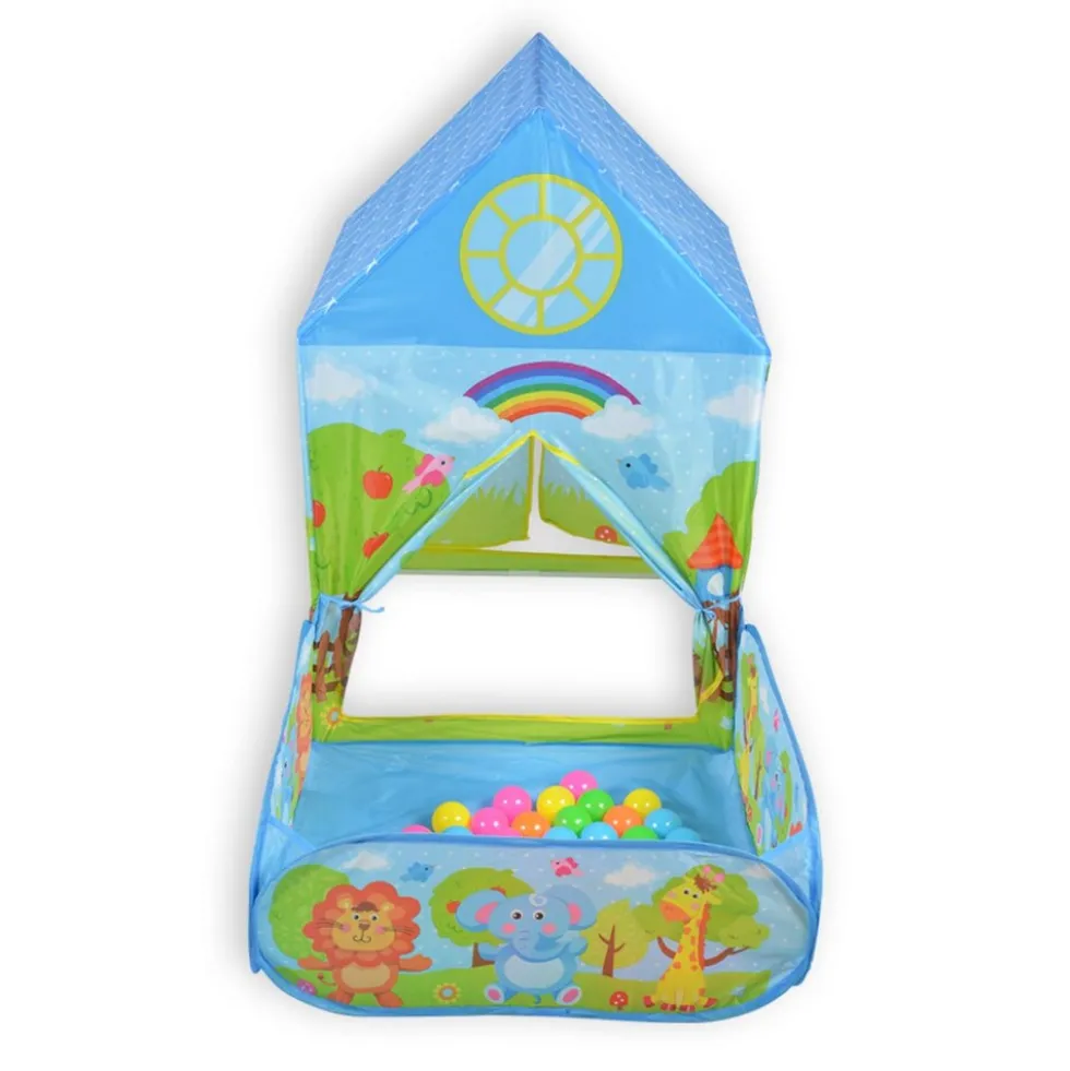 Moni 2 in 1 Kinderspielzelt Zoo 995-5001E, Bällebad, 50 Spielbälle, Stofftüren blau