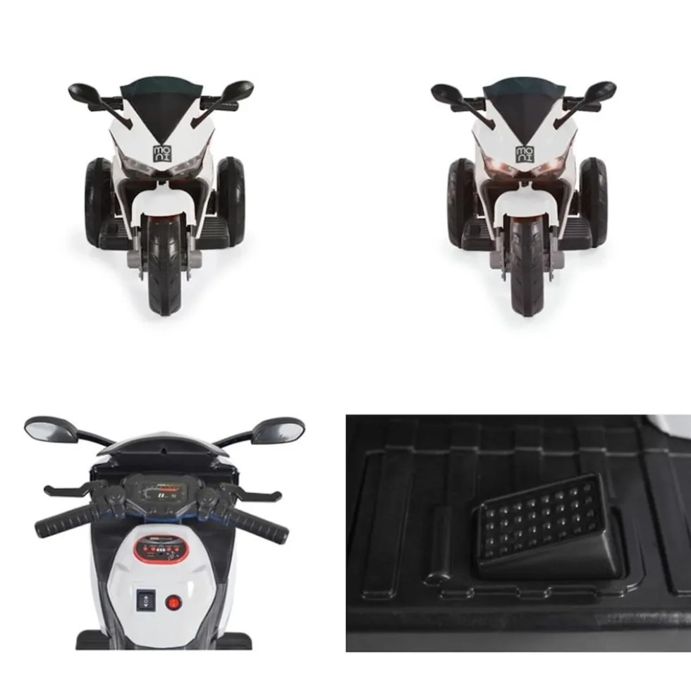 Moni Kinder Elektromotorrad Hurricane drei Räder, Musikfunktion, Rückwärtsgang weiß