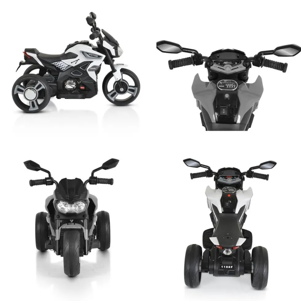 Moni Kinder Elektromotorrad Colombo Scheinwerfer, zwei Motoren, MP3, bis 7 km/h weiß uni