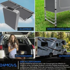 24MOVE® Campingküche PRAIA faltbar, Alu Outdoorküche mit Arbeitsplatte und Staufächern, höhenverstellbar