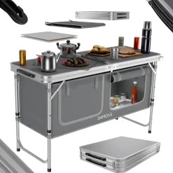 24MOVE® Campingküche PRAIA faltbar, Alu Outdoorküche mit Arbeitsplatte und Staufächern, höhenverstellbar