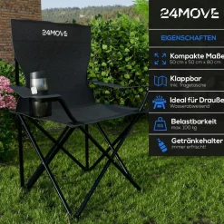 24MOVE® Campingstuhl Faltstuhl, 2er Set, schwarz, mit Getränkehalter und Tragetasche Outdoor, faltbar max. 100kg, Anglerstuhl, Klappstuhl