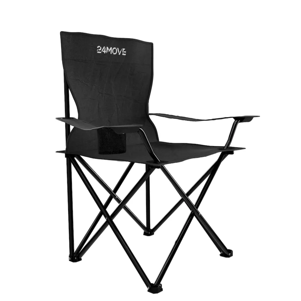 24MOVE® Campingstuhl Faltstuhl, schwarz, mit Getränkehalter und Tragetasche Outdoor, faltbar max. 100kg, Angerstuhl, Klappstuhl