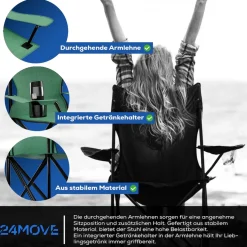 24MOVE® Campingstuhl Faltstuhl, grün, mit Getränkehalter und Tragetasche Outdoor, faltbar max. 100kg, Anglerstuhl, Polyester