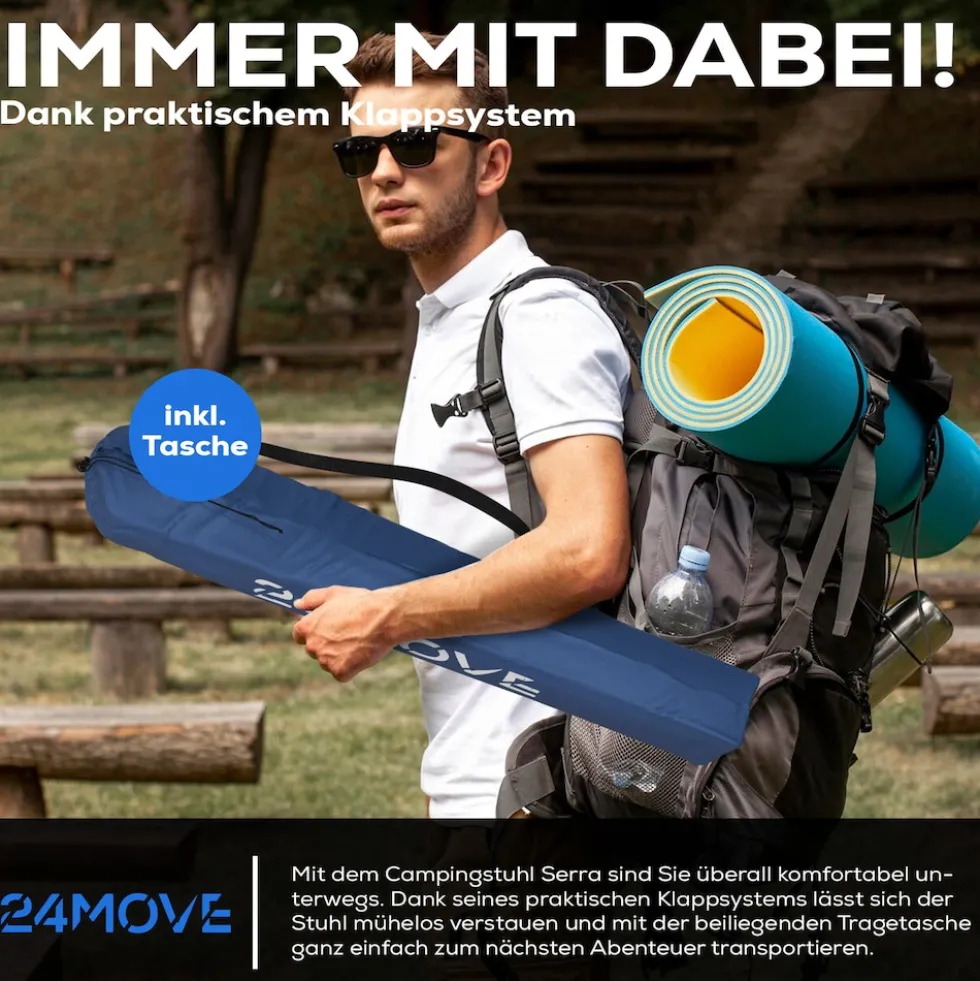 24MOVE® Campingstuhl Faltstuhl, blau, mit Getränkehalter und Tragetasche Outdoor, faltbar max. 100kg, Angerstuhl, Klappstuhl