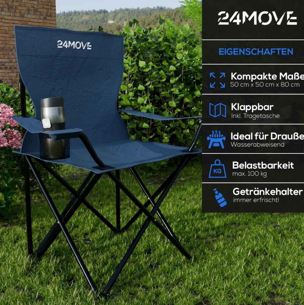 24MOVE® Campingstuhl Faltstuhl, blau, mit Getränkehalter und Tragetasche Outdoor, faltbar max. 100kg, Angerstuhl, Klappstuhl