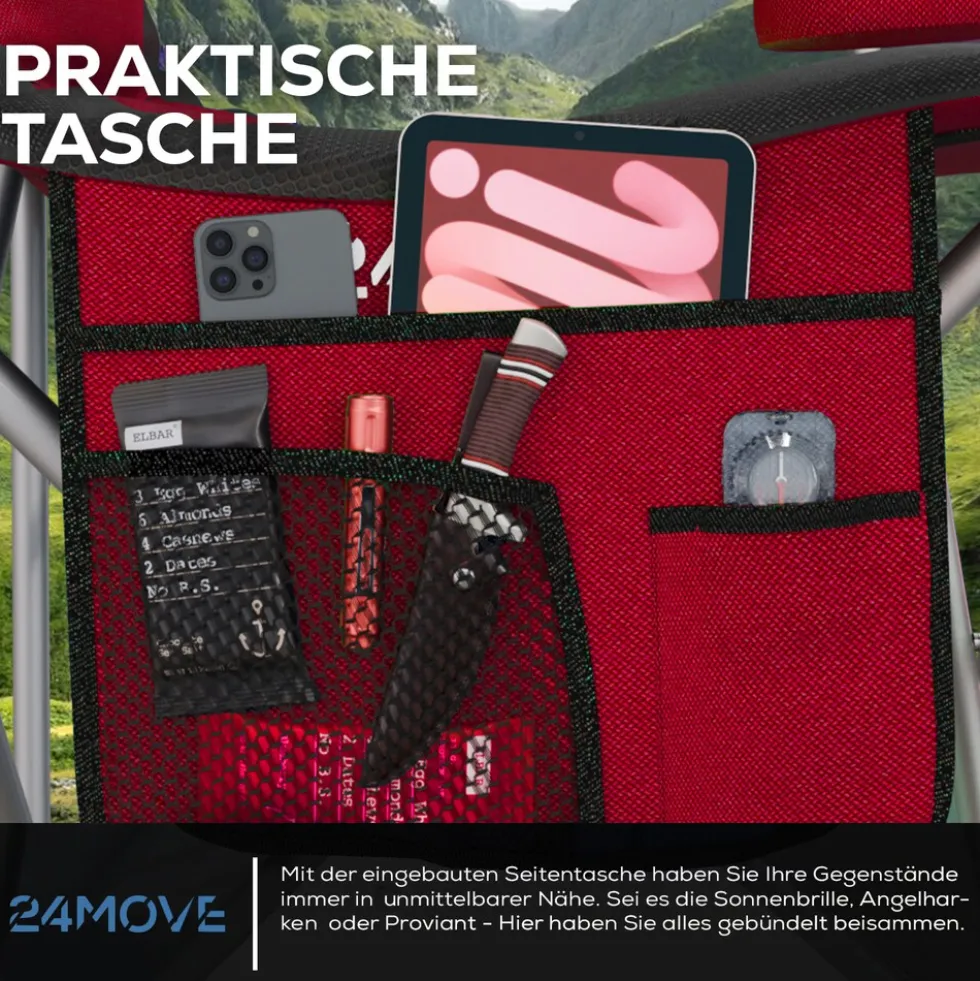 24MOVE® Campingstuhl Salvador faltbar Camping Klappstuhl gepolstert inkl. Tragetasche, bis 150kg belastbar, rot