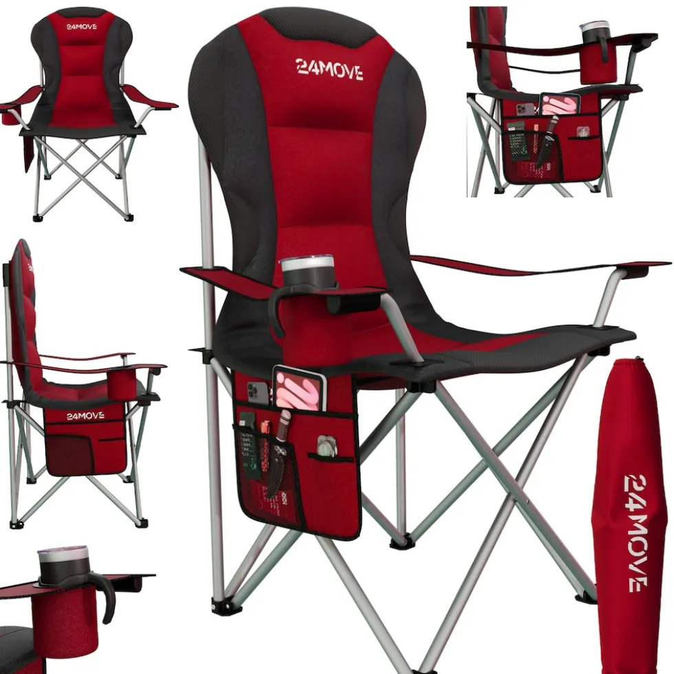 24MOVE® Campingstuhl Salvador faltbar Camping Klappstuhl gepolstert inkl. Tragetasche, bis 150kg belastbar, rot
