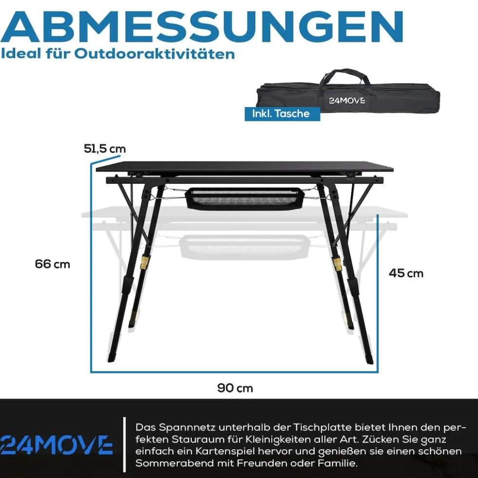 24MOVE® Campingtisch Klapptisch mit Aluminiumrahmen, Tischplatte aufrollbar, Falttisch klappbar, höhenverstellbar, inkl. Tragetasche - bis 30 kg, Anthrazitgrau