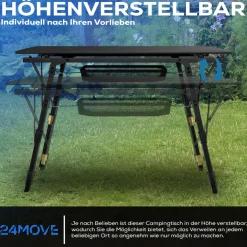 24MOVE® Campingtisch Klapptisch mit Aluminiumrahmen, Tischplatte aufrollbar, Falttisch klappbar, höhenverstellbar, inkl. Tragetasche - bis 30 kg, Anthrazitgrau