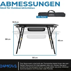 24MOVE® Campingtisch Klapptisch mit Aluminiumrahmen, Tischplatte aufrollbar, Falttisch klappbar, höhenverstellbar, inkl. Tragetasche - bis 30 kg, Anthrazitgrau