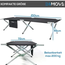 24MOVE® Feldbett Campingbett bis 200 kg In-und Outdoor Camping faltbar, inkl. Tragetasche für einfachen Transport
