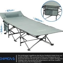 24MOVE® Feldbett Campingbett bis 150 kg In-und Outdoor Camping faltbar mit Seitentasche und Kissen