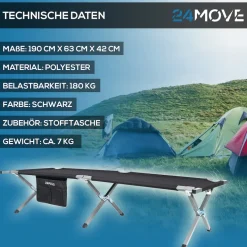 24MOVE® Feldbett Campingbett bis 180 kg In-und Outdoor Camping faltbar, inkl. Tragetasche für einfachen Transport