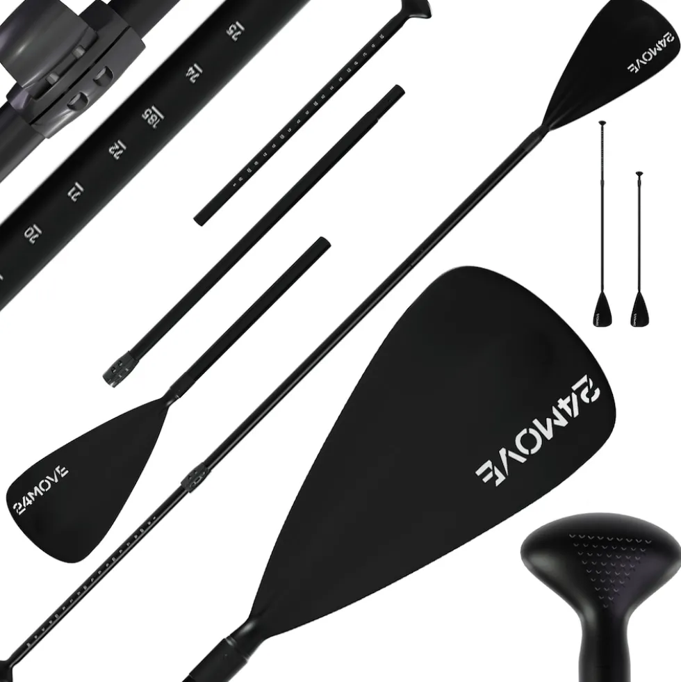 24MOVE® Paddel Einzelpaddel Stechpaddel für SUP Stand Up Board, Kajak, Leicht aus Aluminium 210cm, verstellbar schwarz
