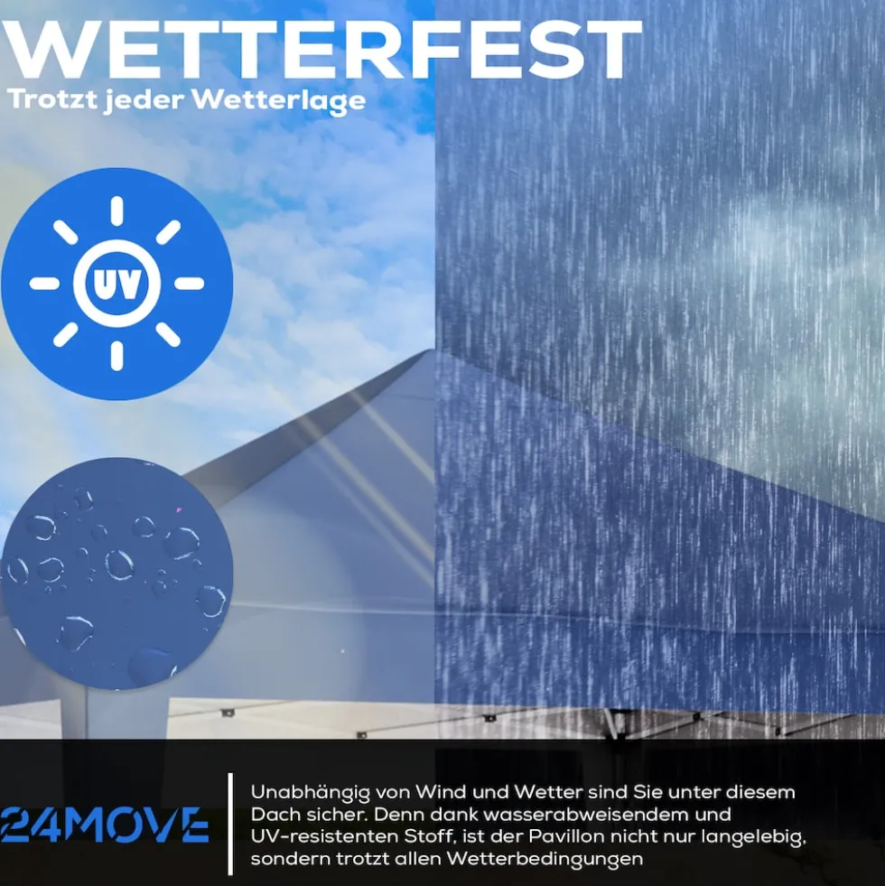 24MOVE® Pavillon Santos 3x3m Pop-Up UV-Schutz 50+ Wasserdicht & winterfest mit Tasche faltbar & stabil, für Camping & Garten Faltpavillon - Partyzelt Blaullon Faltpavillion SANTOS 3x3M Pop Up wasserdicht klappbar, blau