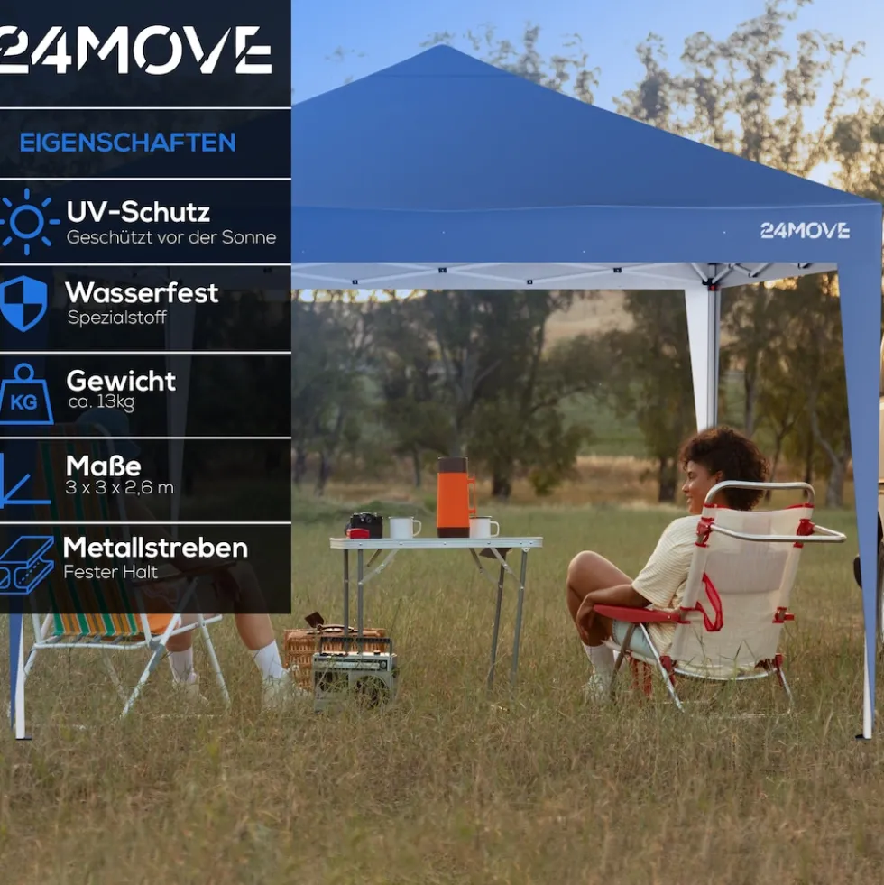 24MOVE® Pavillon Santos 3x3m Pop-Up UV-Schutz 50+ Wasserdicht & winterfest mit Tasche faltbar & stabil, für Camping & Garten Faltpavillon - Partyzelt Blaullon Faltpavillion SANTOS 3x3M Pop Up wasserdicht klappbar, blau