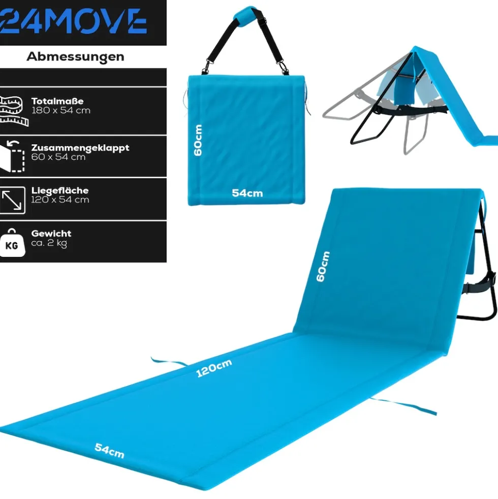 24MOVE® Strandmatte 1er Set klappbar mit Rückenlehne, Strandliege mit Gurt, tragbar für Strand und Garten, Liegematte blau