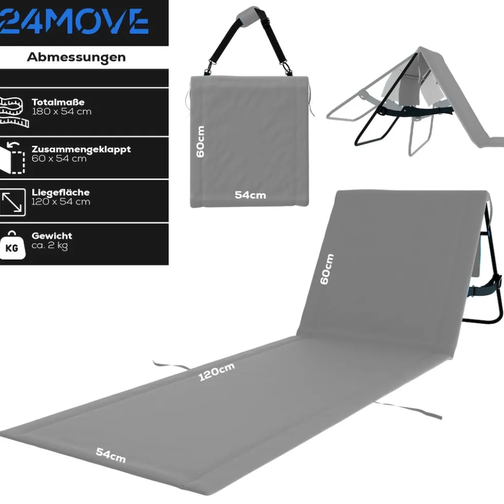 24MOVE® Strandmatte 2er Set klappbar mit Rückenlehne, Strandliege mit Gurt, tragbar für Strand und Garten, Liegematte grau