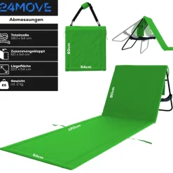 24MOVE® Strandmatte 1er Set klappbar mit Rückenlehne, Strandliege mit Gurt, tragbar für Strand und Garten, Liegematte grün