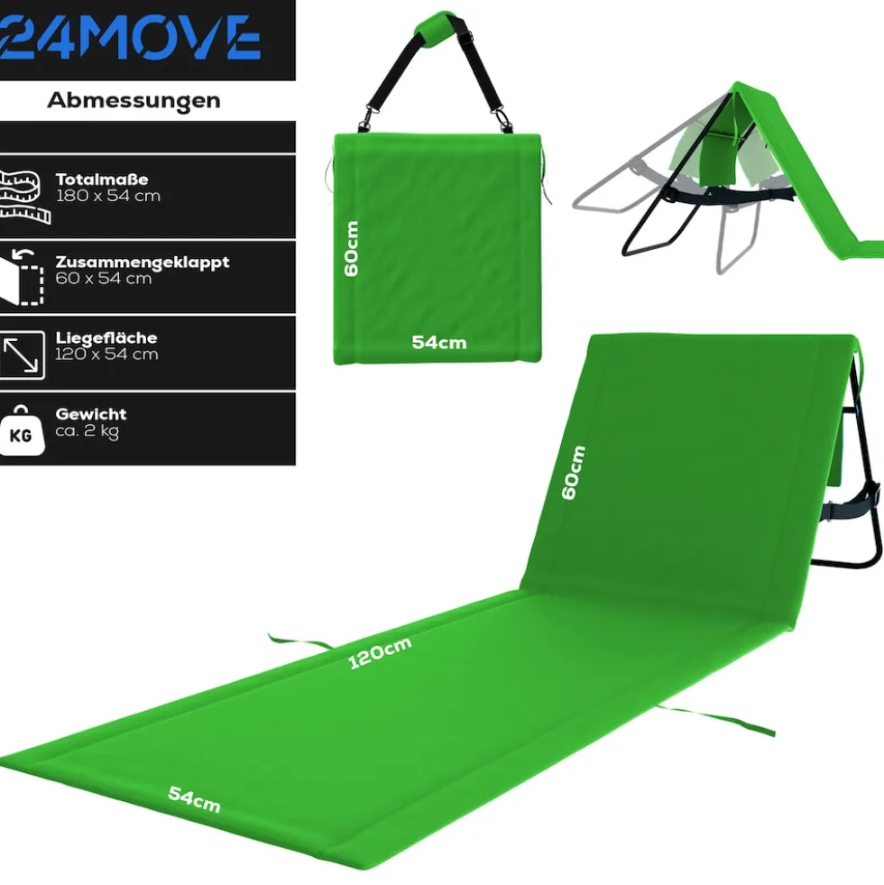 24MOVE® Strandmatte 1er Set klappbar mit Rückenlehne, Strandliege mit Gurt, tragbar für Strand und Garten, Liegematte grün
