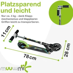 muuwmi Aluminium Scooter Neon – Tretroller, 180 mm, ABEC 5, GS-geprüft, höhenverstellbar, LED-Leuchtrollen, grün-schwarz