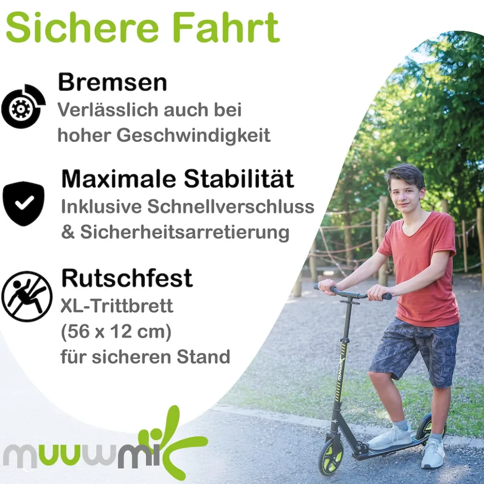muuwmi Aluminium Scooter Pro – Tretroller, 215 mm, ABEC 7, GS-geprüft, höhenverstellbar, XL-Deck, BMX-Lenker, blau