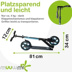 muuwmi Aluminium Scooter Pro – Tretroller, 215 mm, ABEC 7, GS-geprüft, höhenverstellbar, XL-Deck, BMX-Lenker, blau