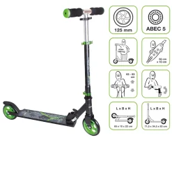 muuwmi Aluminium Scooter – Tretroller, 125 mm, ABEC 5, GS-geprüft, höhenverstellbar, schwarz-grün