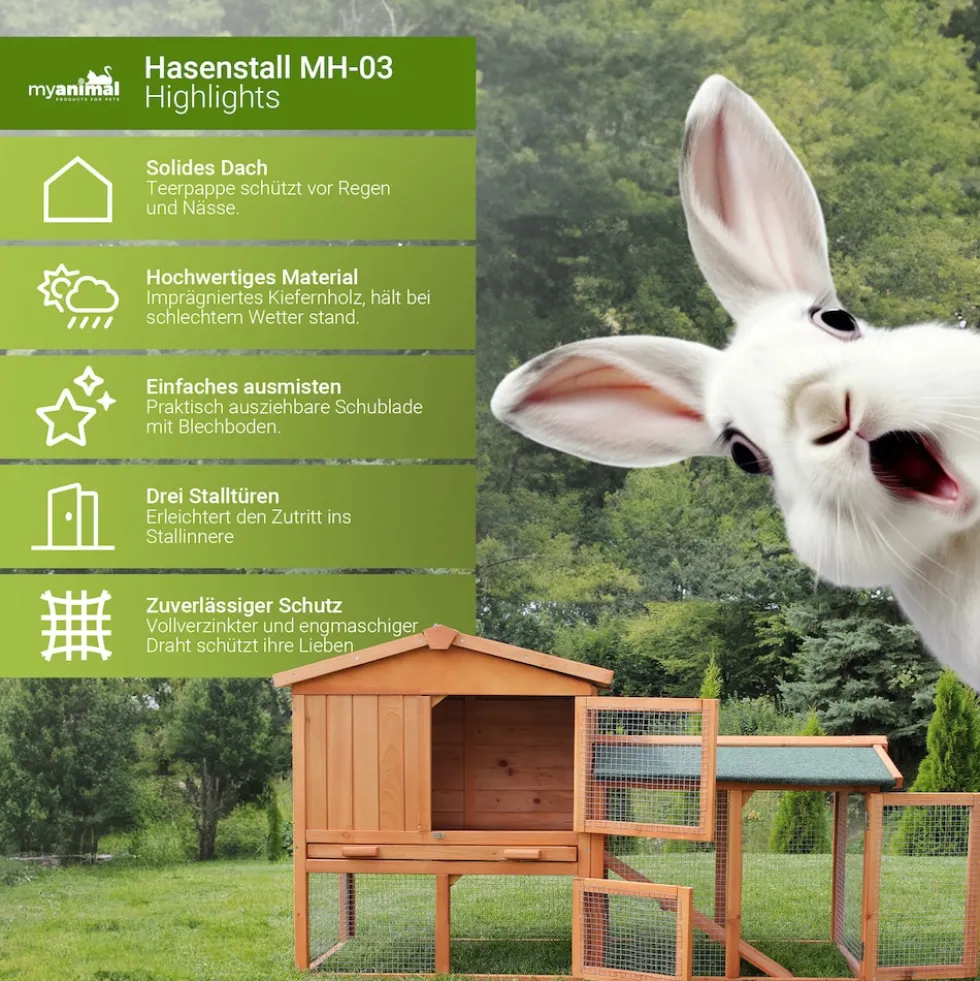 MyAnimal Hasenstall MH-03 Doppelstockhaus mit Garten, Freilauf, Kiefernholz, verzinkter Draht (Braun 2.0)