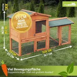 MyAnimal Hasenstall MH-03 Doppelstockhaus mit Garten, Freilauf, Kiefernholz, verzinkter Draht (Braun 2.0)