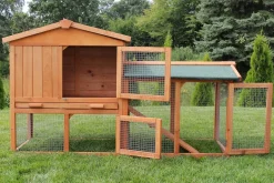 MyAnimal Hasenstall MH-03 Doppelstockhaus mit Garten, Freilauf, Kiefernholz, verzinkter Draht (Braun 2.0)