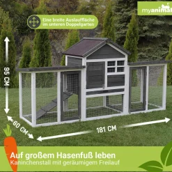 MyAnimal Hasenstall MH-31, Doppelgarten, Freilauf, wetterfester Kaninchenstall, imprägniertes Holz (Grau 2.0)