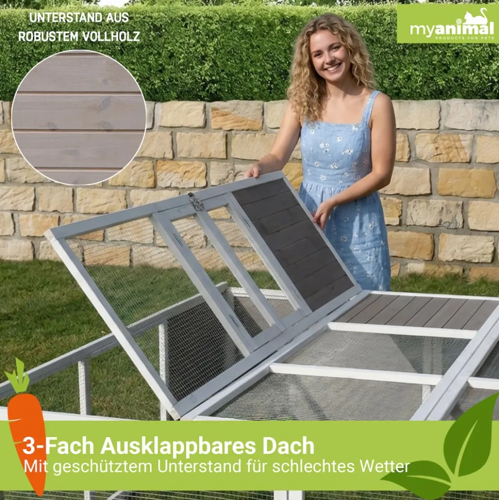 MyAnimal Hasenstall MH-06 Freilaufgehege, Kaninchenstall XXL, mit Unterstand, Simple-Fold, Vollholz (Grau)
