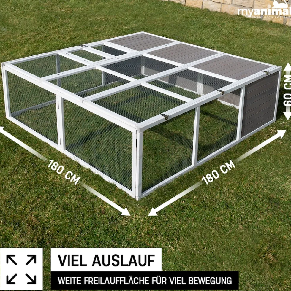 MyAnimal Hasenstall MH-06 Freilaufgehege, Kaninchenstall XXL, mit Unterstand, Simple-Fold, Vollholz (Grau)