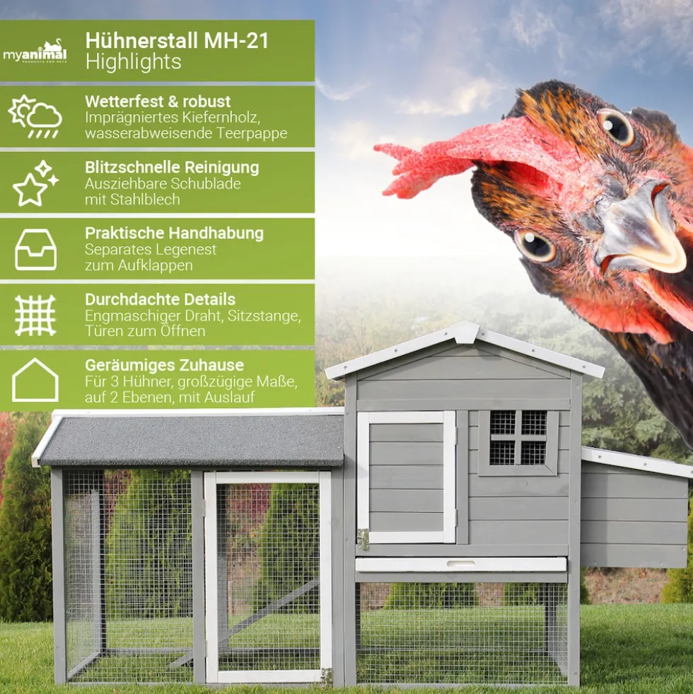 MyAnimal Hühnerstall für 3 Hühner MH-21 mit Eiablage, Dach wasserabweisend, verzinkter Draht