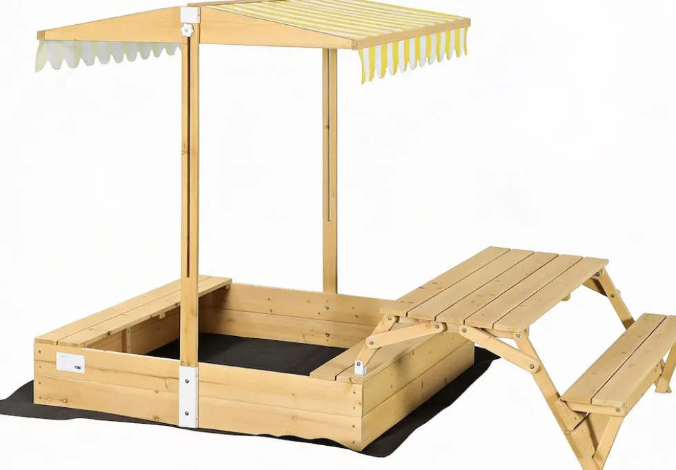 needs&wants® Holz Sandkasten mit Picknicktisch und Dach, Bänken & Abdeckung, Kinder Sandkiste mit klappbarem Deckel, UV-Sonnenschutz, Sandbox quadratisch für Garten Outdoor Spielplatz, 185x110 cm, gelb weiß braun