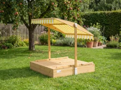 needs&wants® Holz Sandkasten mit Picknicktisch und Dach, Bänken & Abdeckung, Kinder Sandkiste mit klappbarem Deckel, UV-Sonnenschutz, Sandbox quadratisch für Garten Outdoor Spielplatz, 185x110 cm, gelb weiß braun