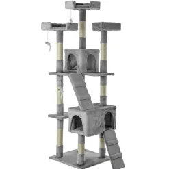 NYVI Katzen Kratzbaum Diego 170 cm Grau - Deluxe Katzenbaum mit Katzenhöhlen, 3 Plattformen und Sisal Kratzsäule